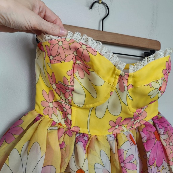 Selkie Corset Puff Dress Womens XS Yellow Pink Floral Mini Romantic Rococo Girly - Picture 3 of 10